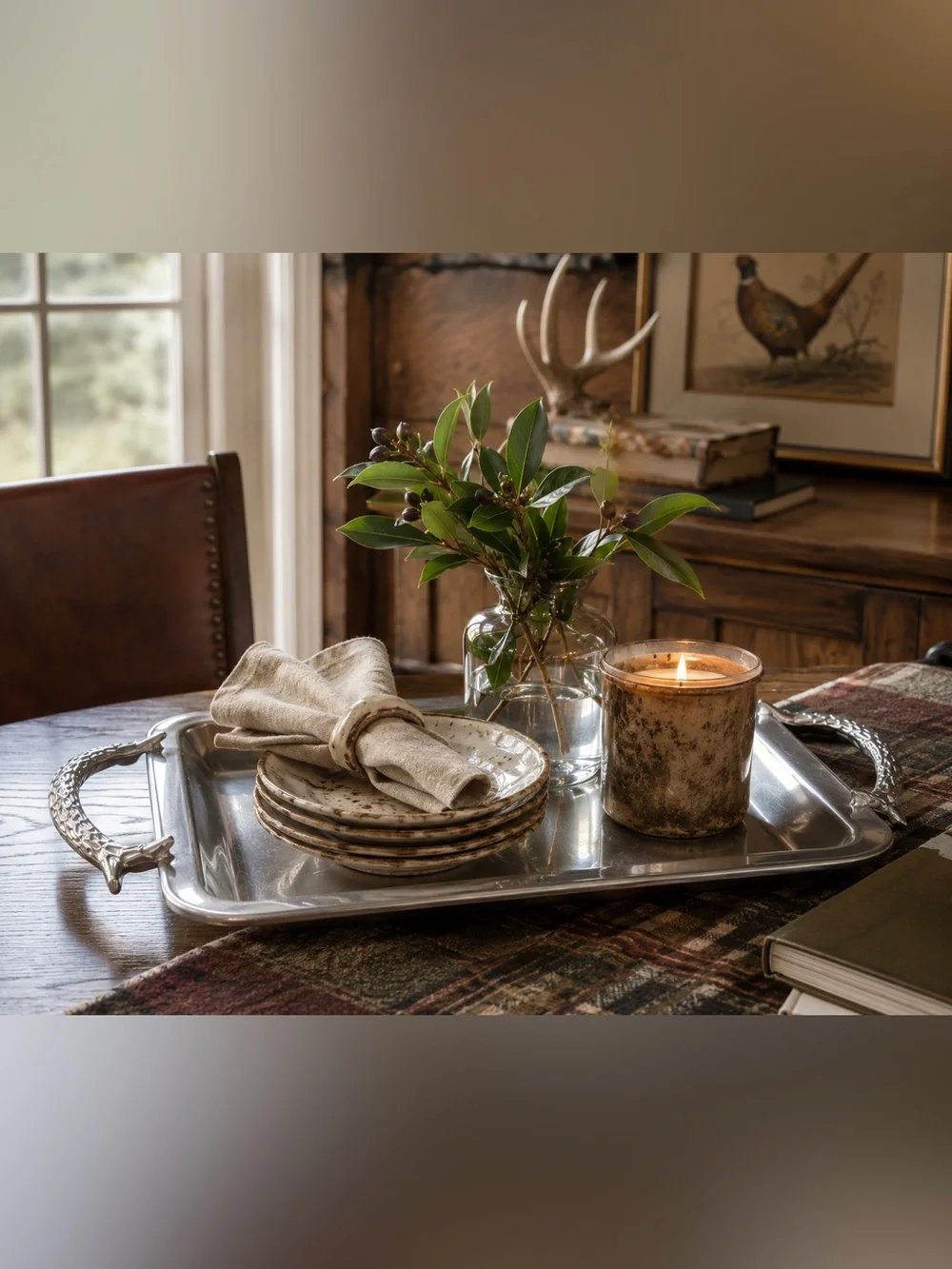 Sculptural Antler Handle Serving Tray Rustic Lodge Equestrian Style #06302610